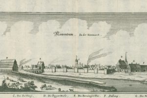 Panorama Neudamm (Dębna) z zaznaczonym młynem papierniczym (D), miedzioryt M. Meriana z 1650 r., zbiory Muzeum Papiernictwa, sygn. MD 1606 AH
