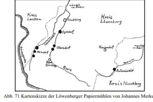 Papiernie nad Kwisą, z zaznaczoną papiernią w Mirsku (Friedeberg).